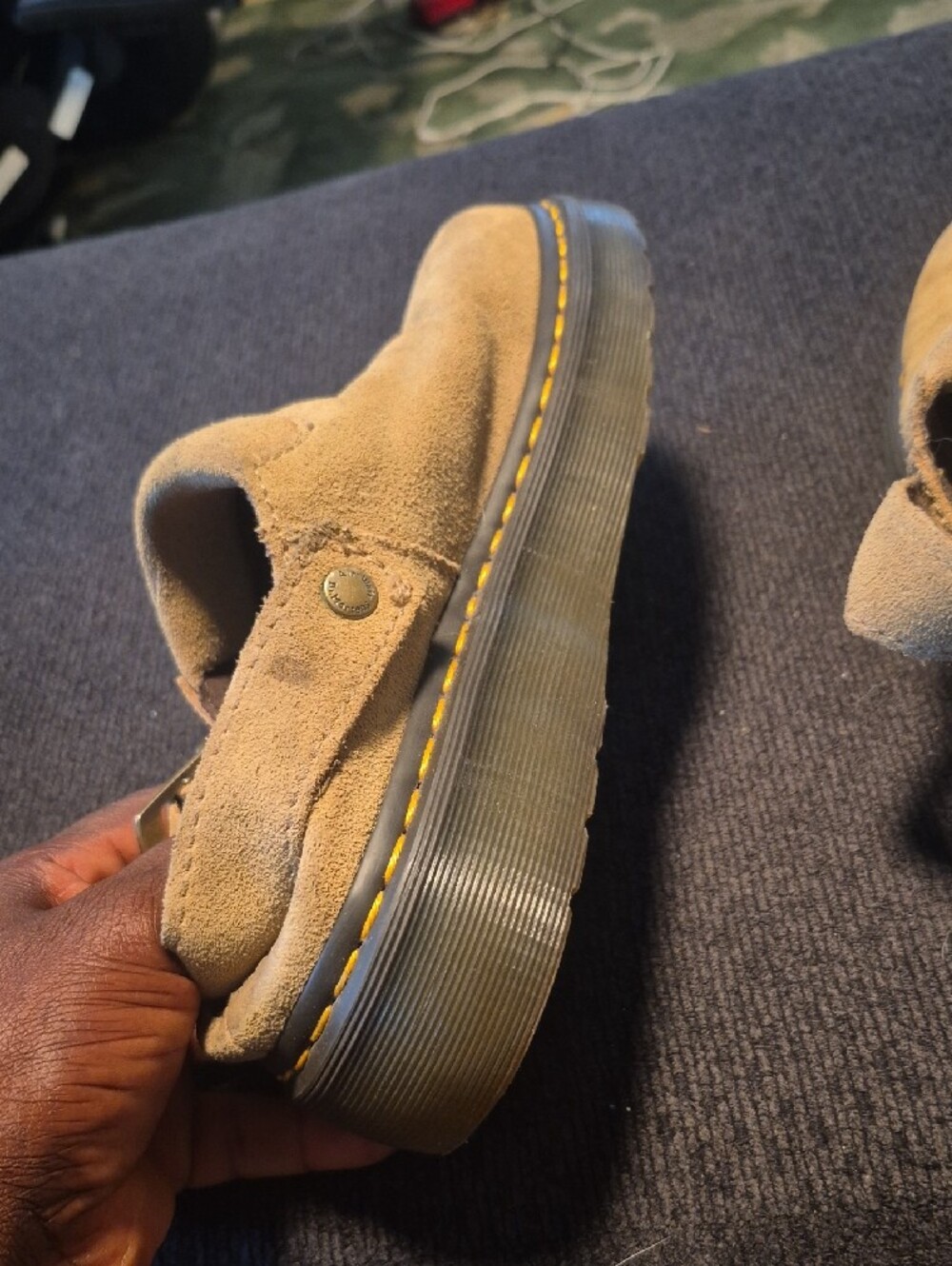 Dr. Martens Tan Suede Slingback Mules with Yellow Stitching - Picture 13 of 15